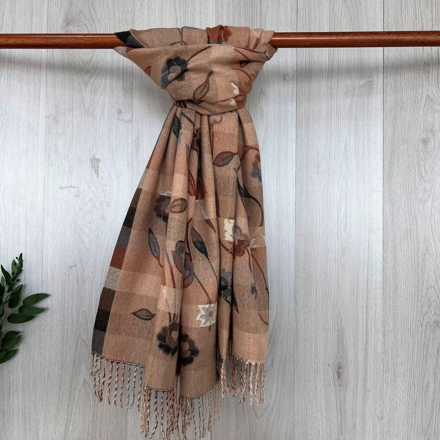 Camel Fine Winter Scarf With Floral Design and Fringe