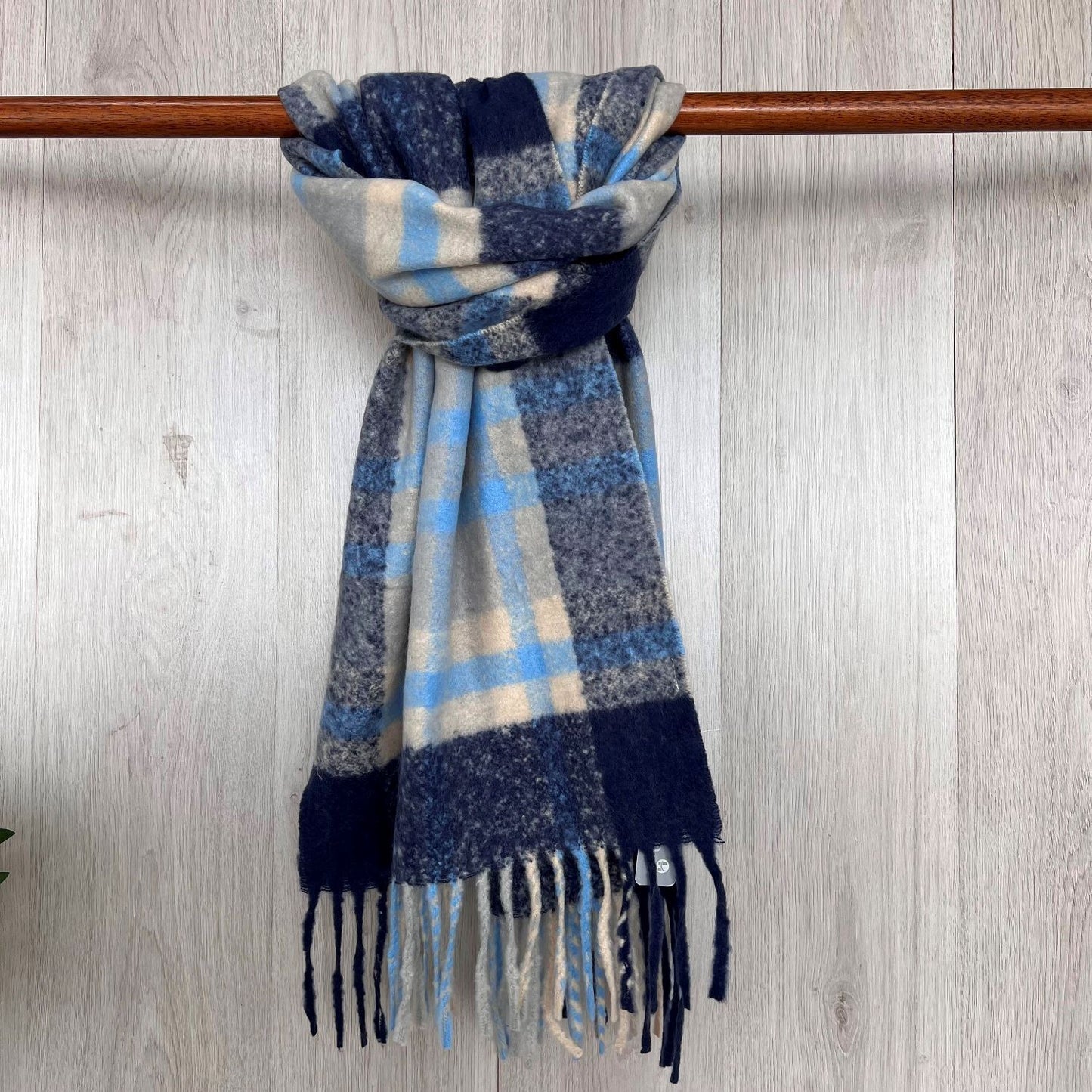 Navy Chunky Winter Checked Scarf With Long Fringe