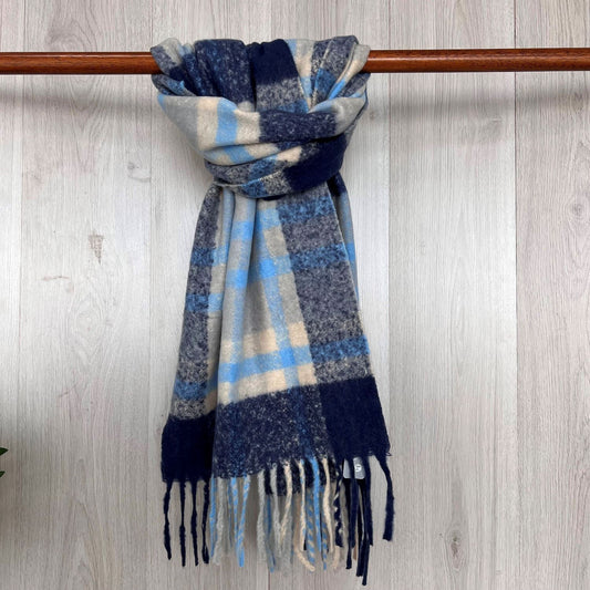 Navy Chunky Winter Checked Scarf With Long Fringe