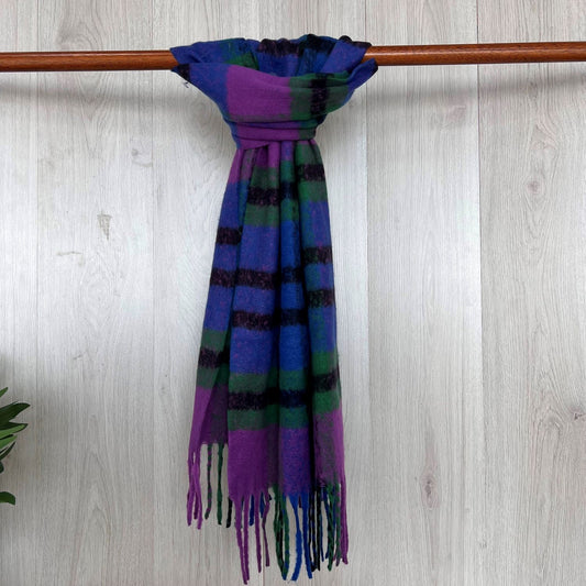 Purple Chunky Winter Checked Scarf With Long Fringe