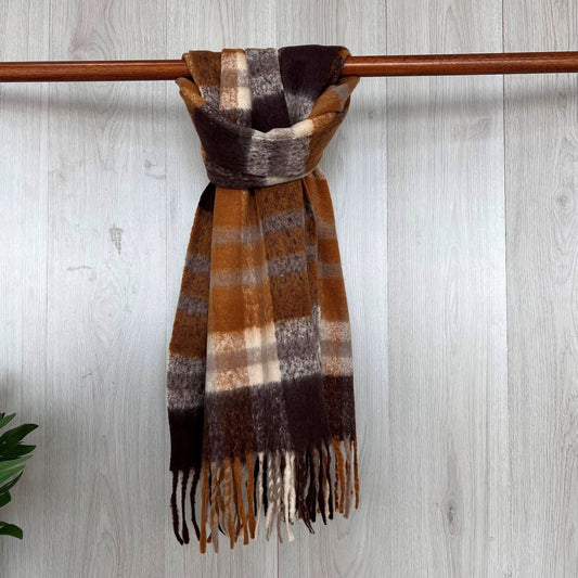 Brown Chunky Winter Checked Scarf With Long Fringe