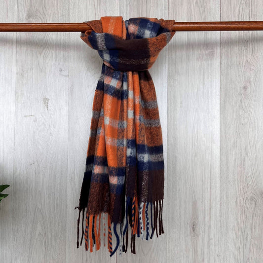 Orange Chunky Winter Checked Scarf With Long Fringe