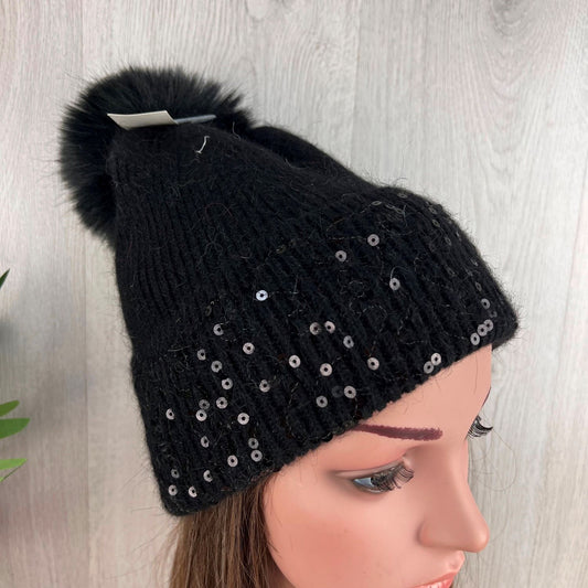 Black Knitted Pom-Pom Hat With Sequenced Turnover