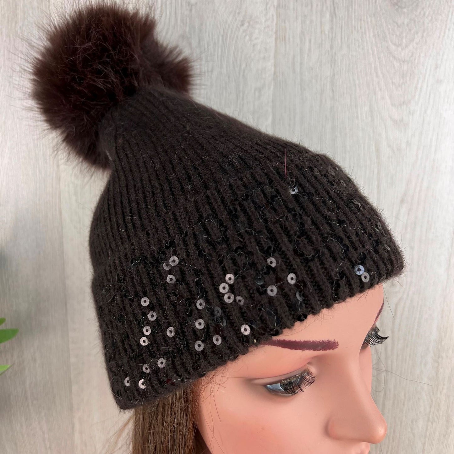 Brown Knitted Pom-Pom Hat With Sequenced Turnover
