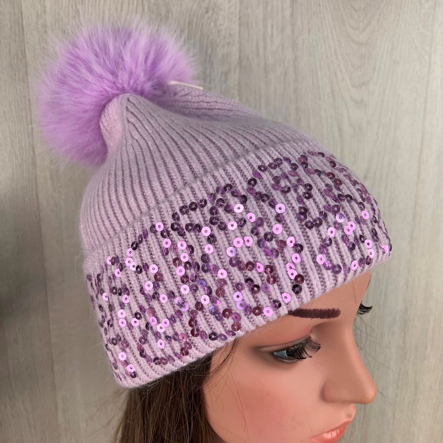 Purple Knitted Pom-Pom Hat With Sequenced Turnover