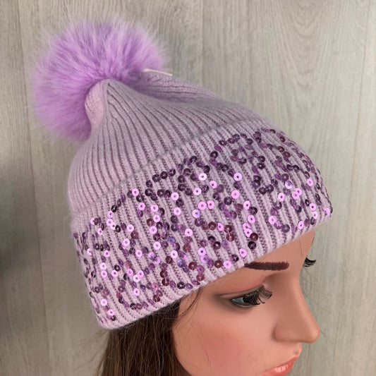 Purple Knitted Pom-Pom Hat With Sequenced Turnover