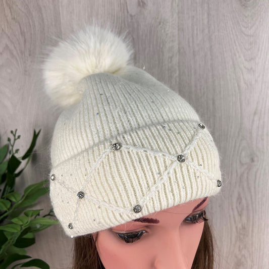 Ladies White Knitted Hat with Silver Gem's
