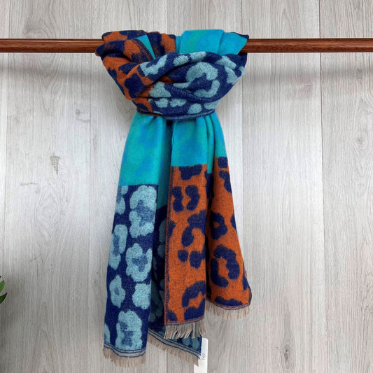 Blue Chunky Winter Scarf With Coloured and Leopard Print Design