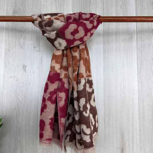 Brown Chunky Winter Scarf With Coloured and Leopard Print Design