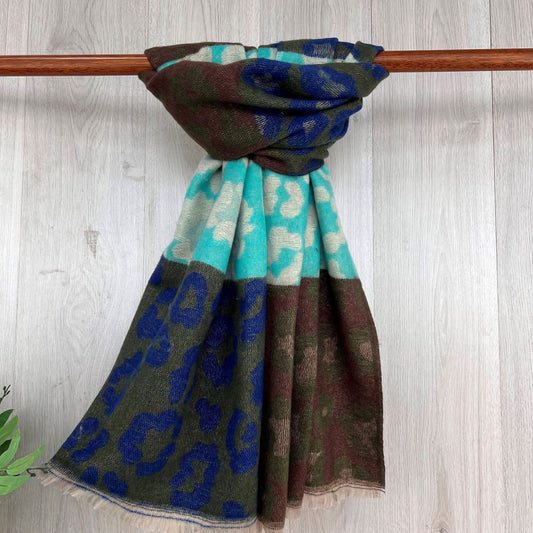Green Chunky Winter Scarf With Coloured and Leopard Print Design