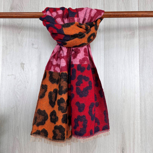 Hot Pink Chunky Winter Scarf With Coloured and Leopard Print Design