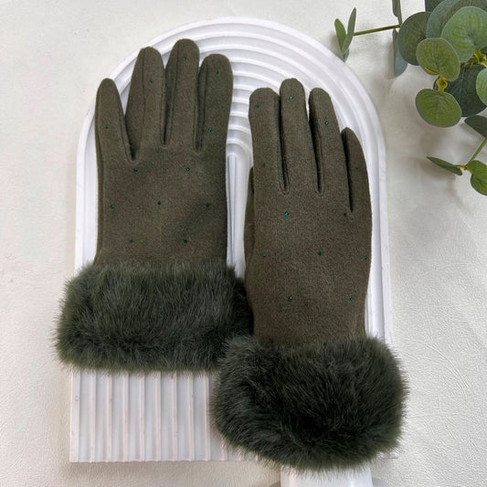 Dark Green Glove with Fur Wrist
