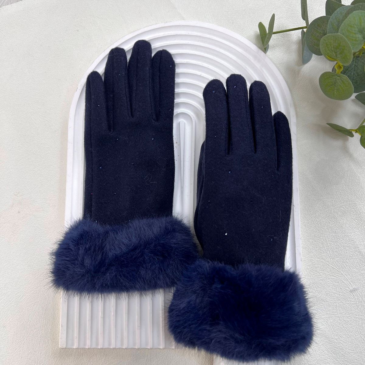 Navy Glove with Fur Wrist