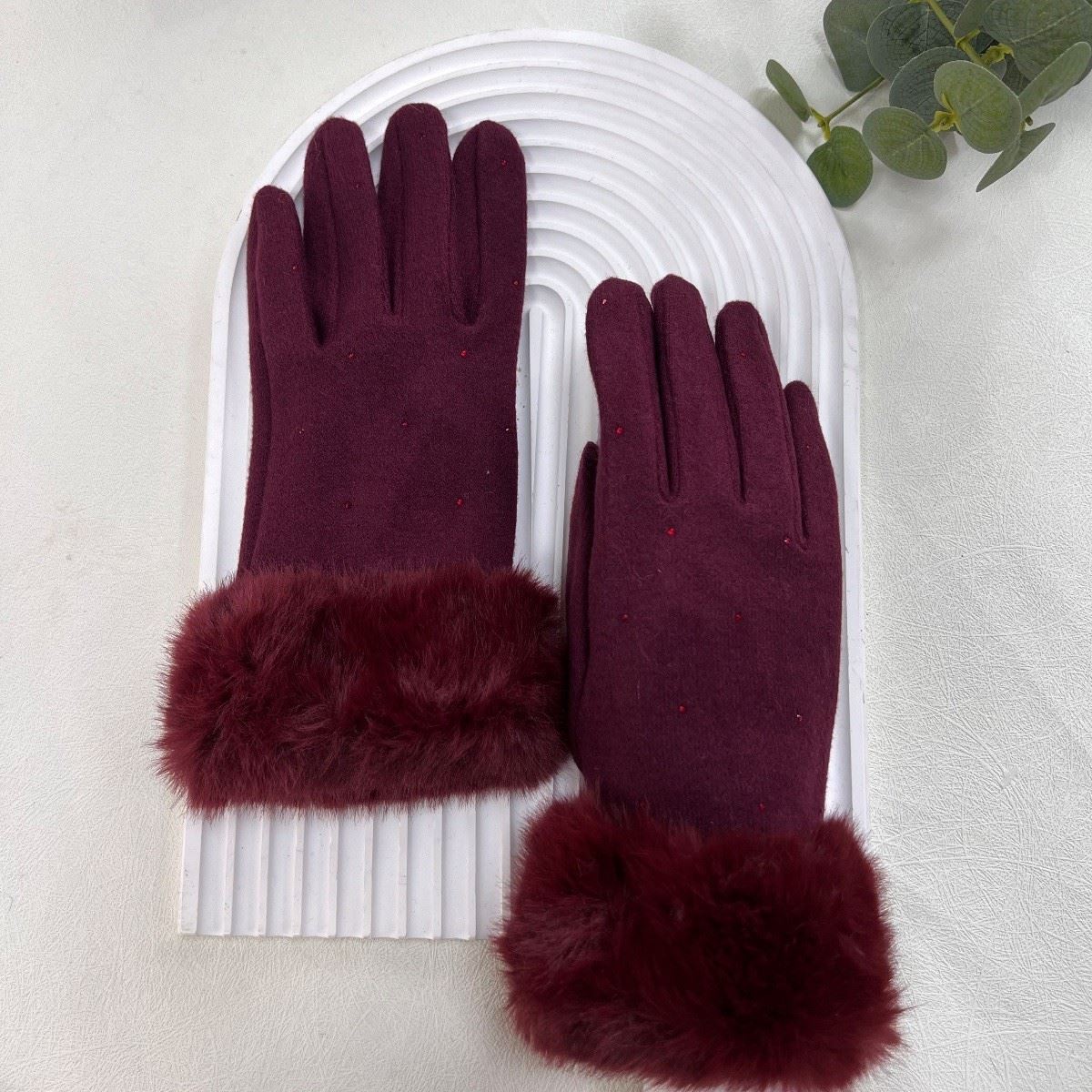 Burgundy Glove with Fur Wrist