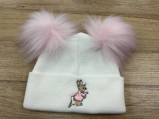 Large Pink embroidered Peter rabbit white hat with pink faux Pom poms and turnover