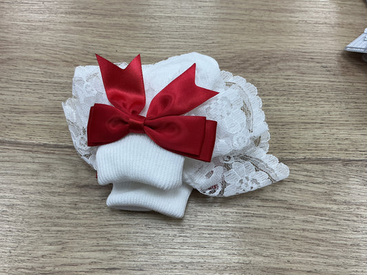 Sara Jayne White Lace Sock with red Bow