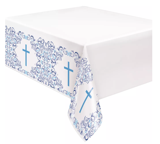Blue cross plastic tablecloth