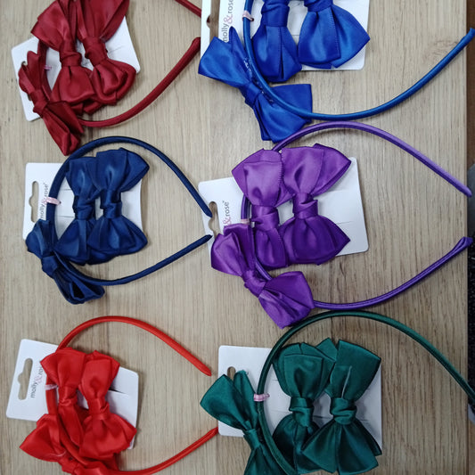 School coloured aliceband and bow clips set