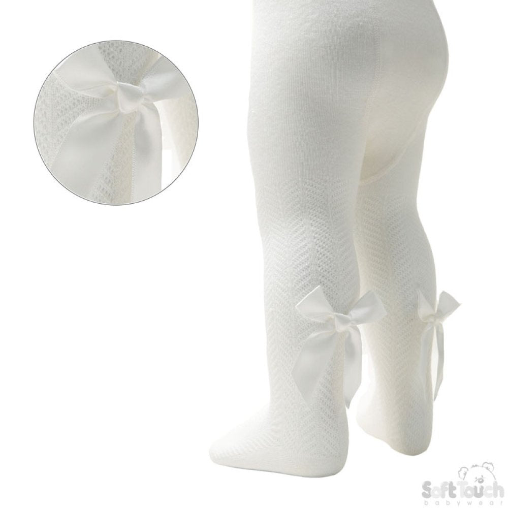 Cream Baby Tights with Leg Design and Back Bow