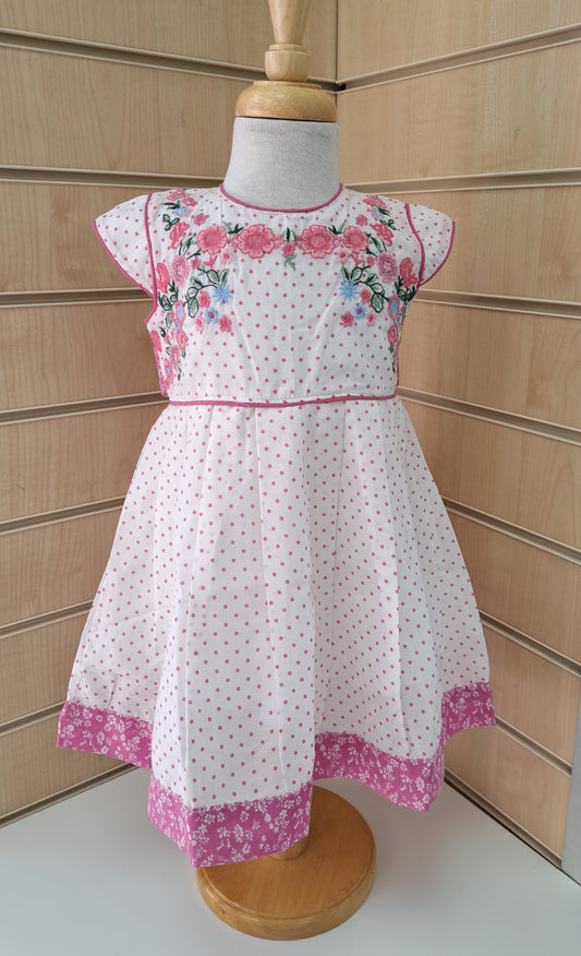 Flower embroidery and dot print pink dress