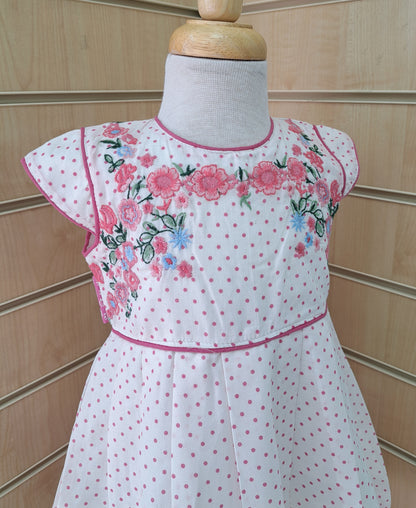 Flower embroidery and dot print pink dress