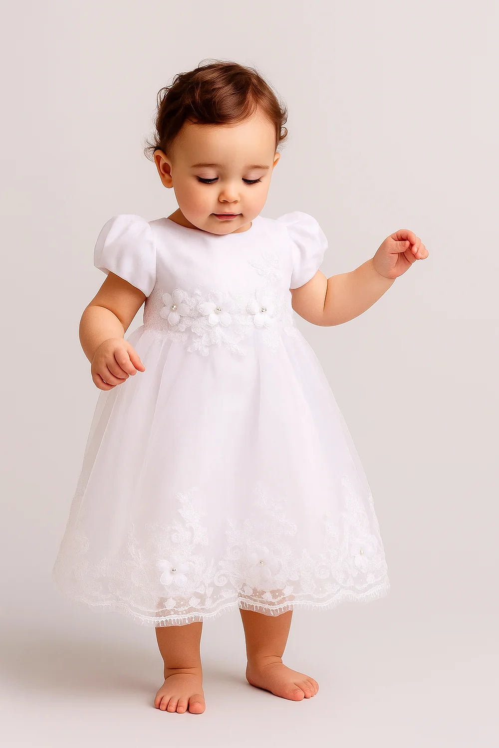Baby Girl Puff Sleeve Tulle Riya White Christening Dress