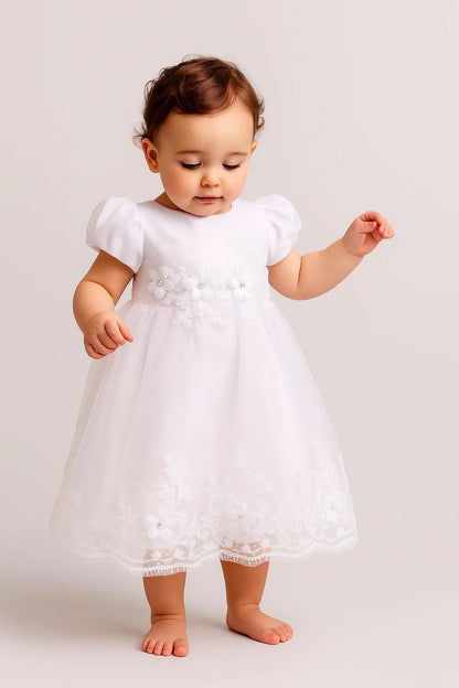 Baby Girl Puff Sleeve Tulle Riya White Christening Dress