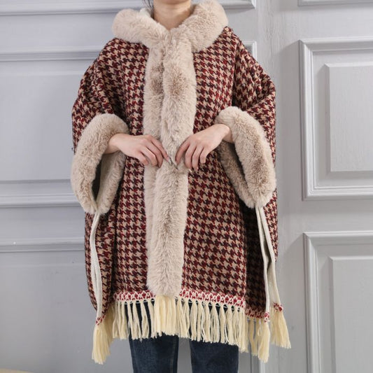 Tassel poncho Red dogtooth checks pe370