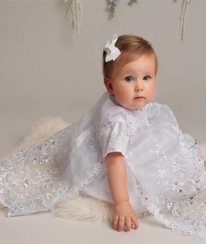Baby Girls Short Sleeve White Dress and Jacket Christening Dress Set