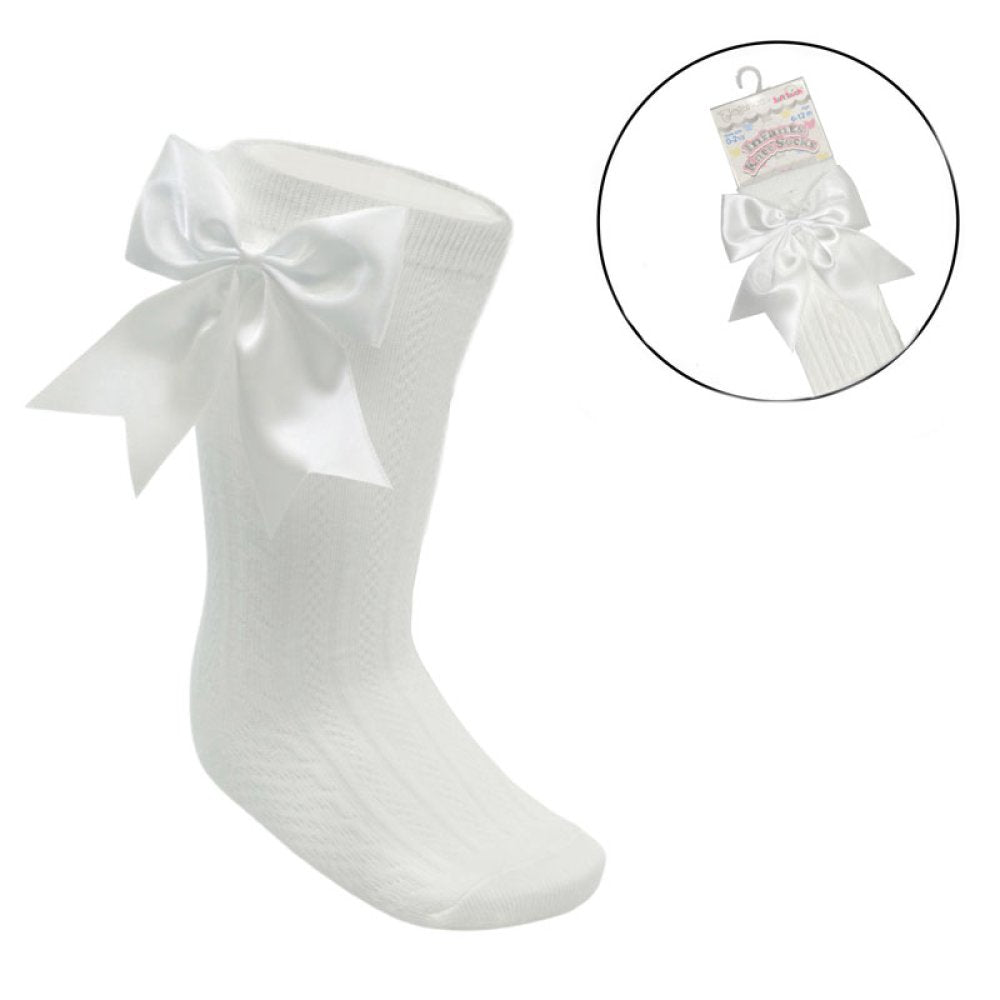 Cream knee length sock with Stitched satin bow