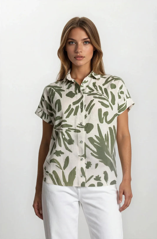 Khaki Leaf Print Short Sleeved Shirt