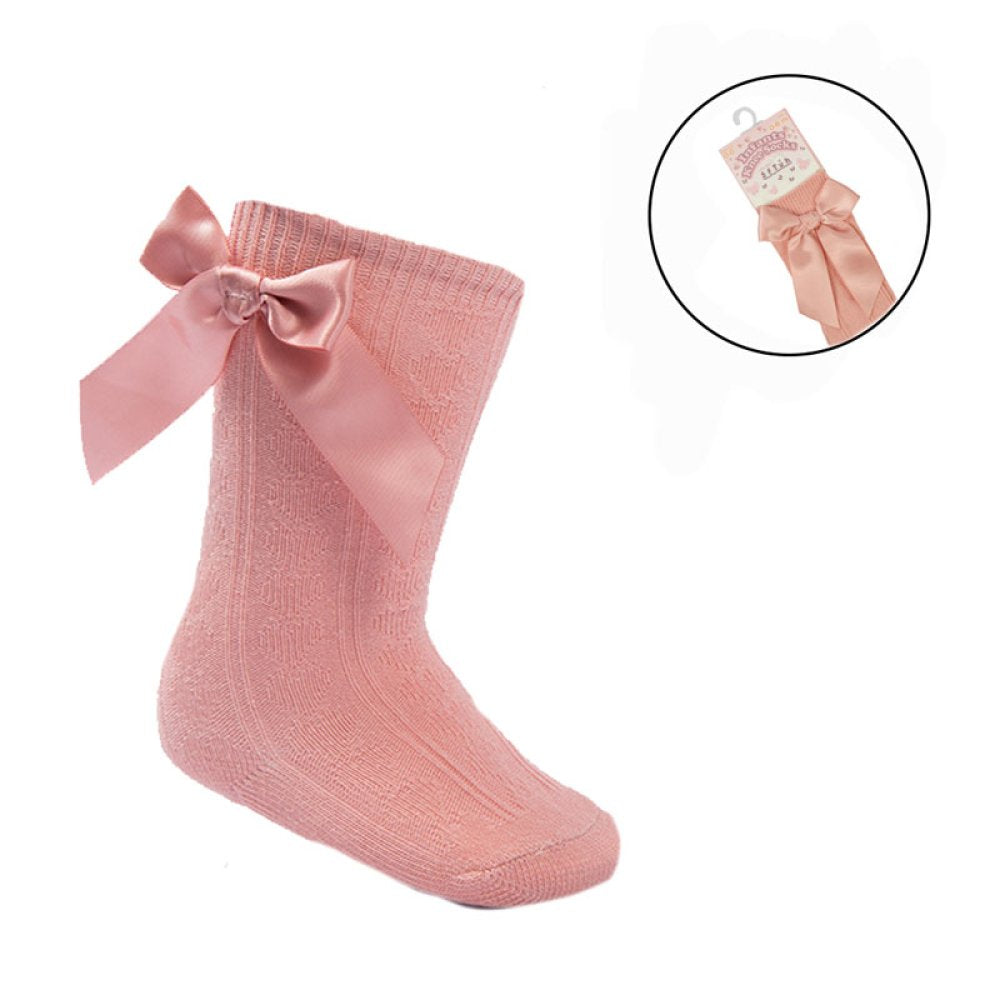 Rose Pink Knee Length Sock with Stitched Bow