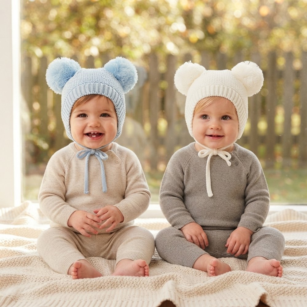 Baby Double Pom Pom Waffle Knit Hat