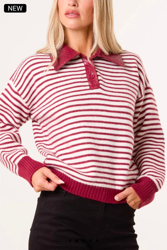 Wine Stripe Print Polo Knit Jumper with Pu Wine Collar