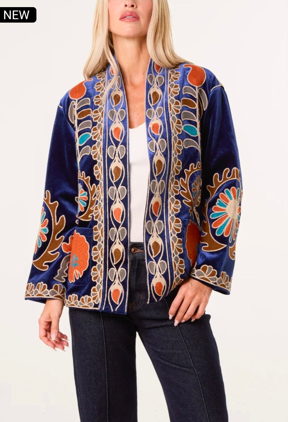 Boho Embroidered Navy Velvet Jacket