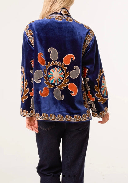 Boho Embroidered Navy Velvet Jacket