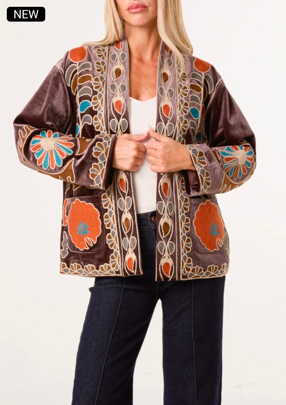 Boho Embroidered Brown Velvet Jacket