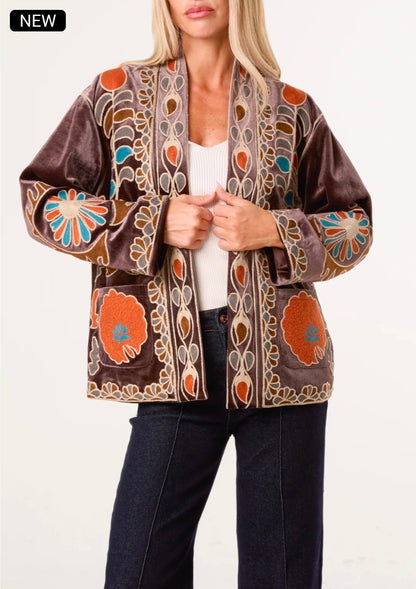 Boho Embroidered Brown Velvet Jacket