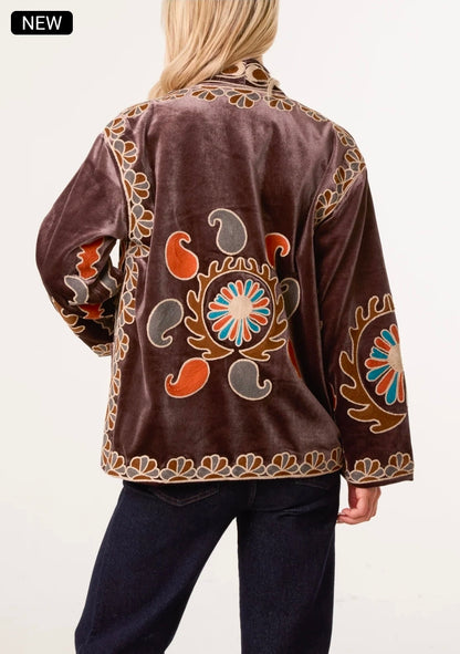 Boho Embroidered Brown Velvet Jacket