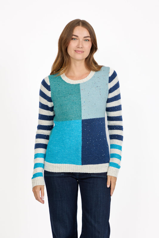 Blue Colour Block Stripe Speckled Knit Jumper
