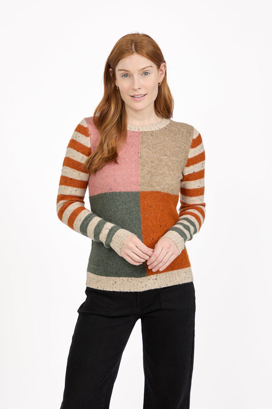 Beige Colour Block Stripe Speckled Knit Jumper