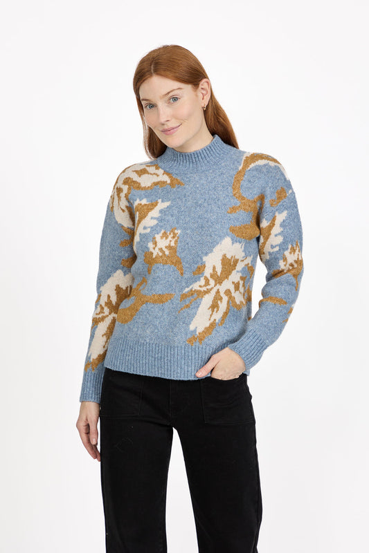 Blue Floral Jacquard Crew Neck Knit Jumper
