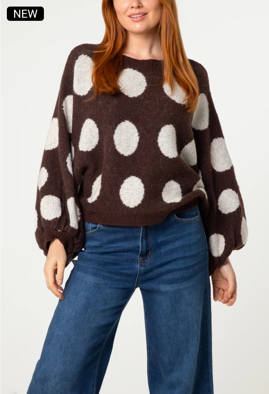 Polka Dot Ballon Sleeve Knit Chocolate Jumper