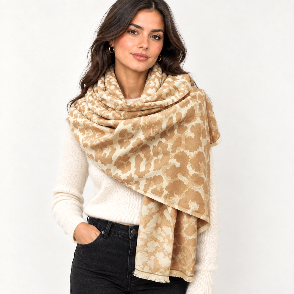 Soft Reversable Leopard Patterned Biege Scarf
Shawl Wrap