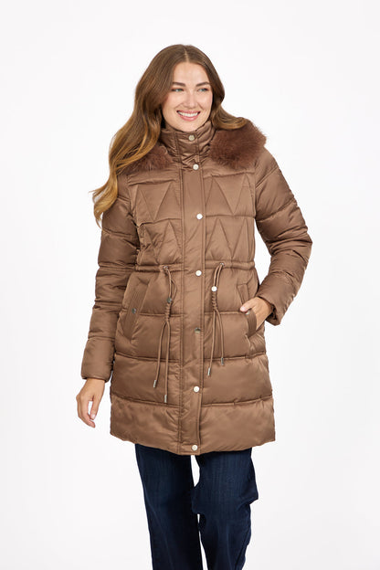 Brown Diamond Quilted Jacket with Detachable Fur Hood