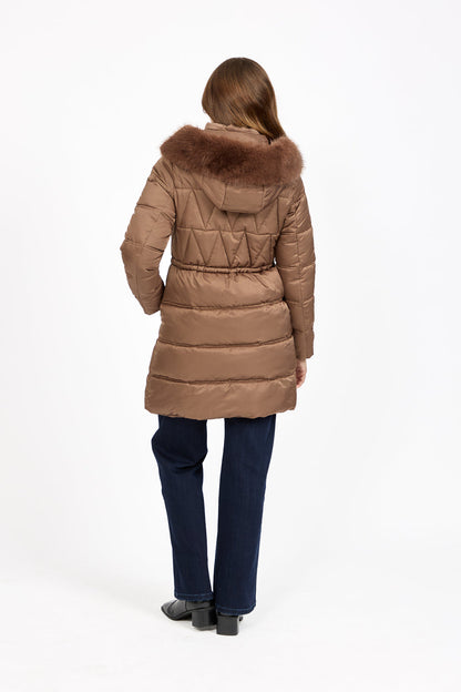 Brown Diamond Quilted Jacket with Detachable Fur Hood