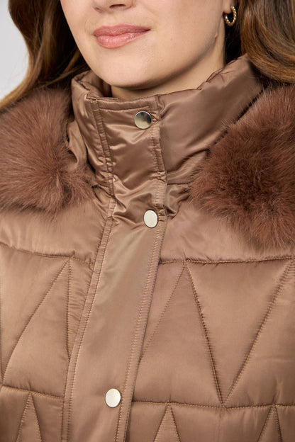 Brown Diamond Quilted Jacket with Detachable Fur Hood