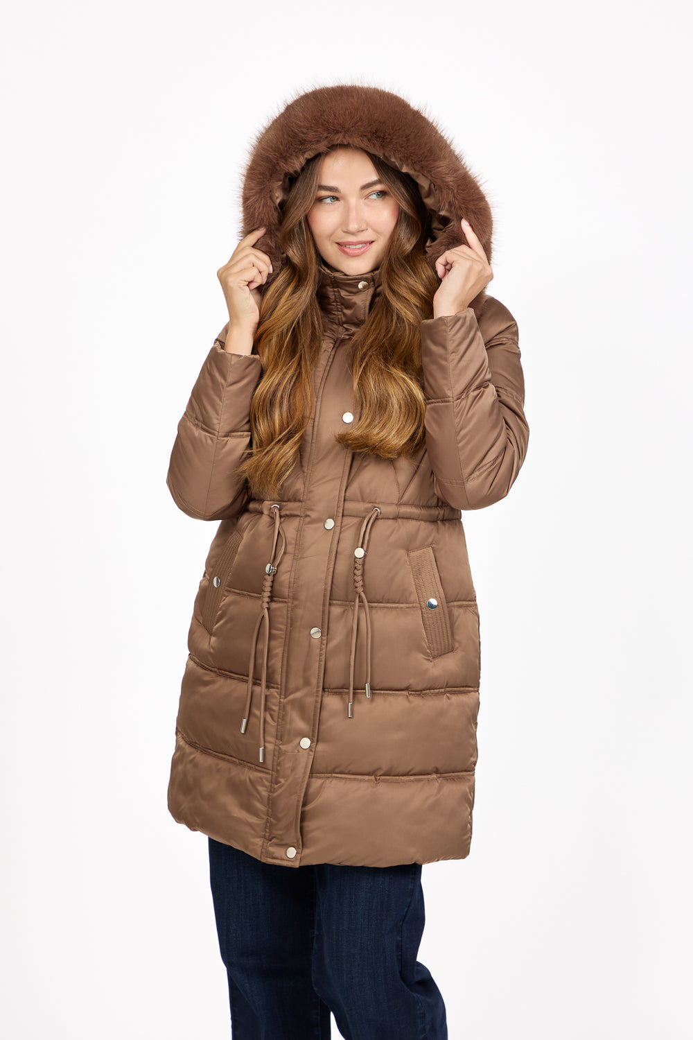 Brown Diamond Quilted Jacket with Detachable Fur Hood