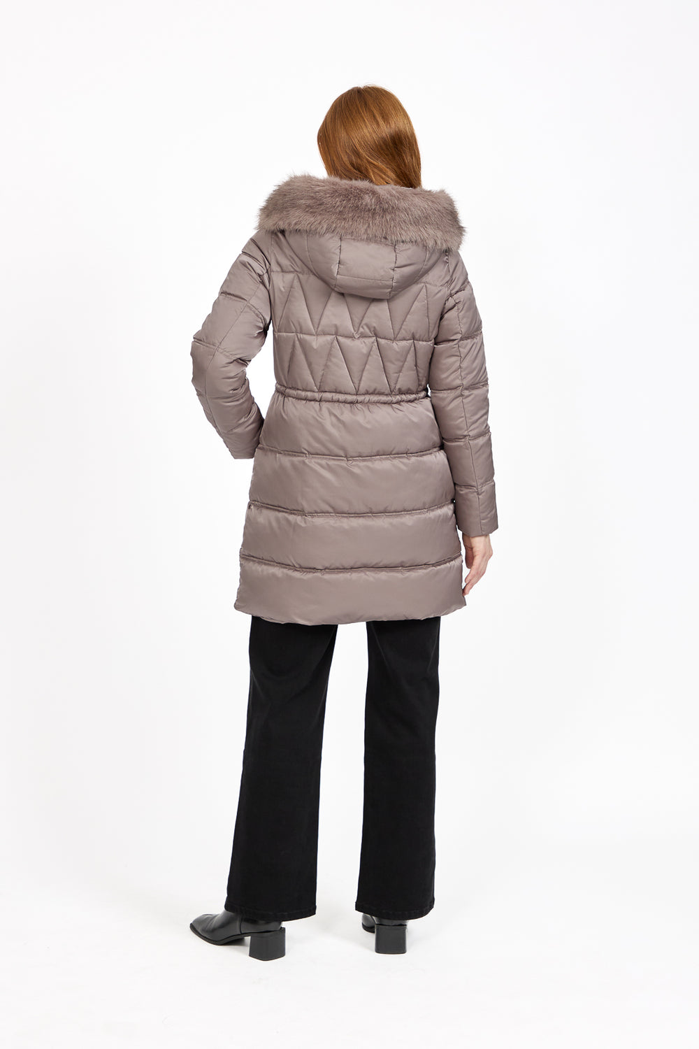 Grey Diamond Quilted Jacket with Detachable Fur Hood