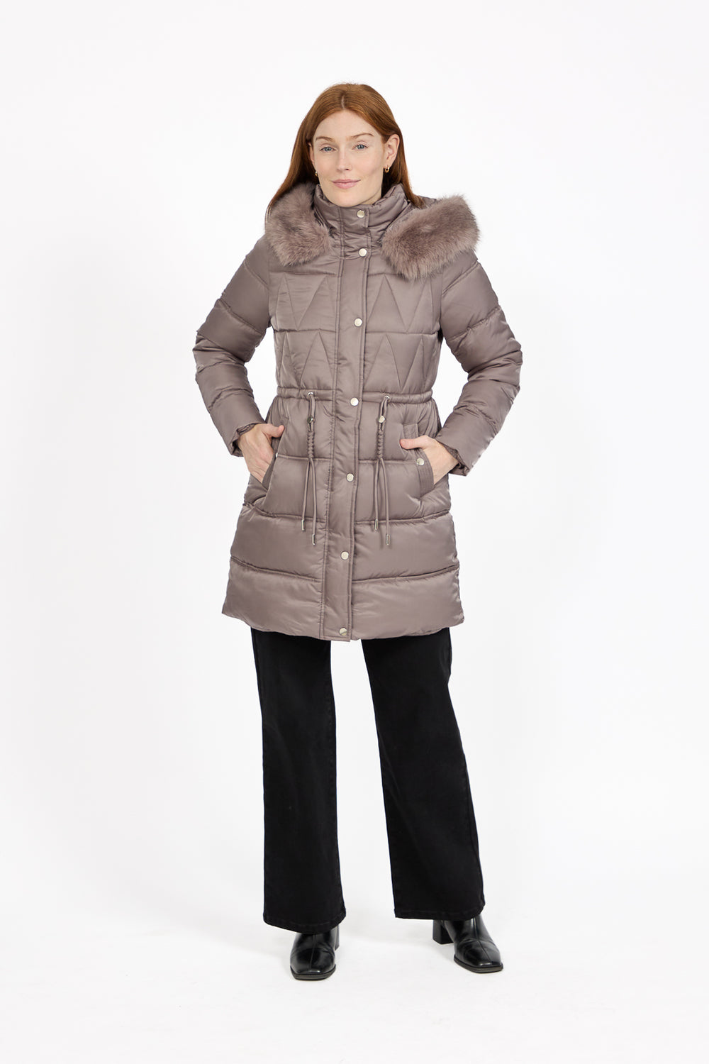 Grey Diamond Quilted Jacket with Detachable Fur Hood
